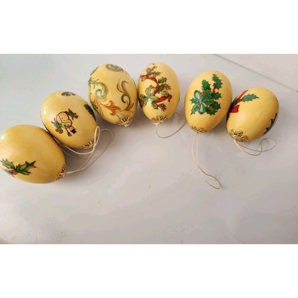 (6) Vtg Christmas Ornament Set REAL BLOWN EGG 1950s Decoupage Holiday Santa Snow - Picture 15 of 16